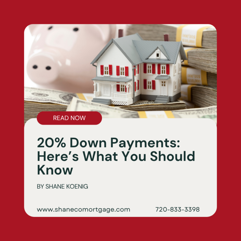 A blog graphic with a picture of a miniature house surrounded by money with a title that reads: "20% Down Payments: Here’s What You Should Know".